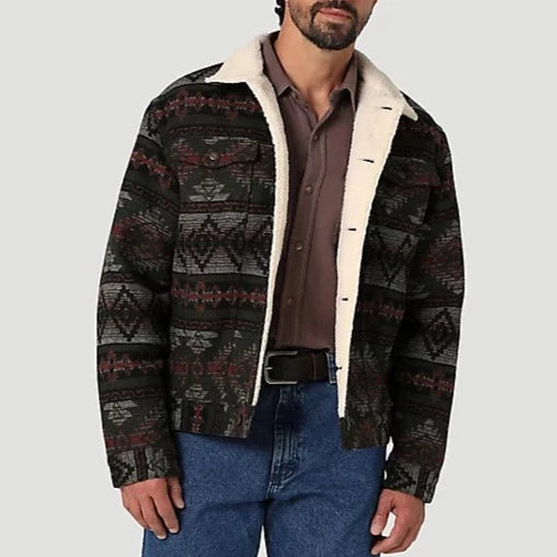 stylish men’s performance jacket-Wrangler Men's Sherpa Lined Jacquard Print Jacket in Olive