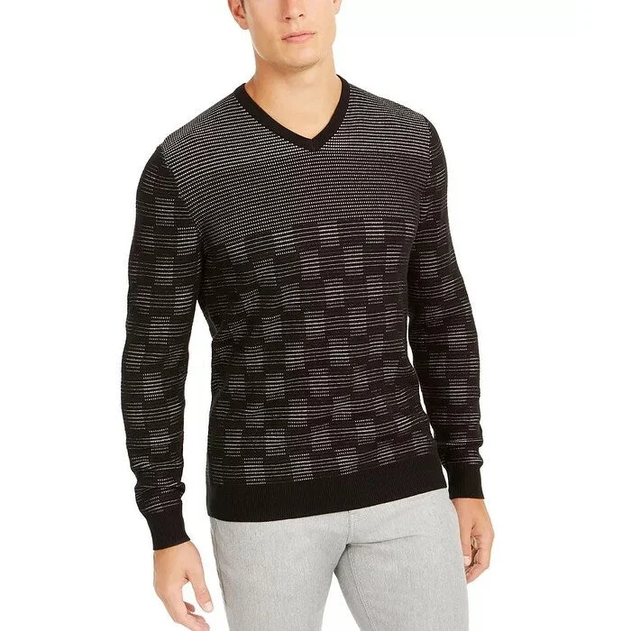 modern sweater for office wear-Alfani Men's Classic-Fit Metallic Check V-Neck Sweater Black Size XL - X-Large