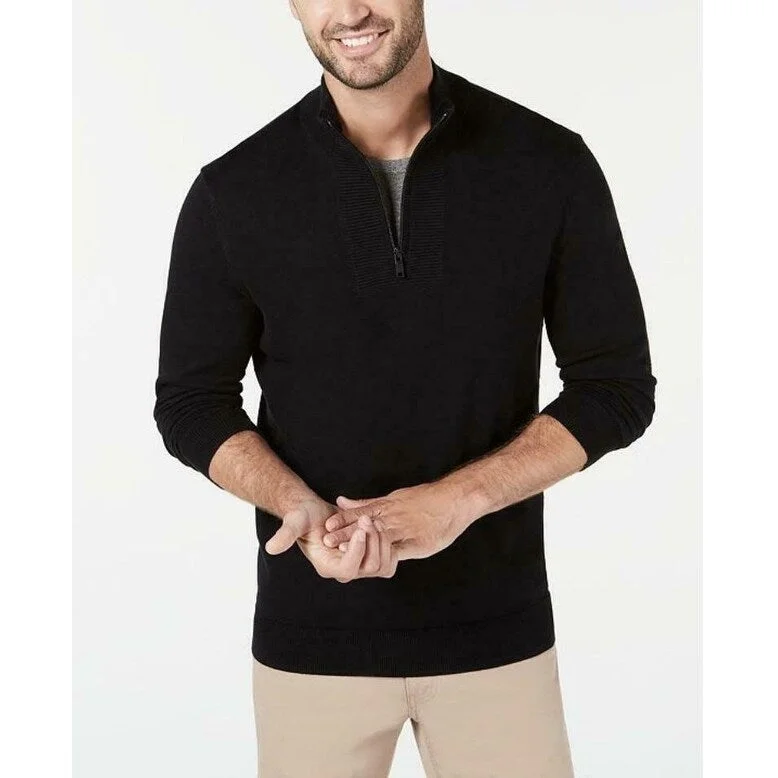 stylish wool sweater for layering-Alfani Men's Quarter-Zip Ribbed Placket Sweater Black Size Extra Large - XL