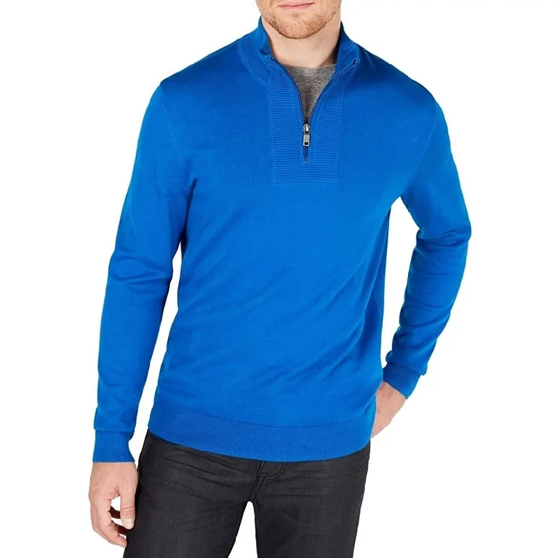 elegant cashmere sweater for layering-Alfani Men's Quarter-Zip Ribbed Placket Sweater Med Blue Size 3 Extra Large