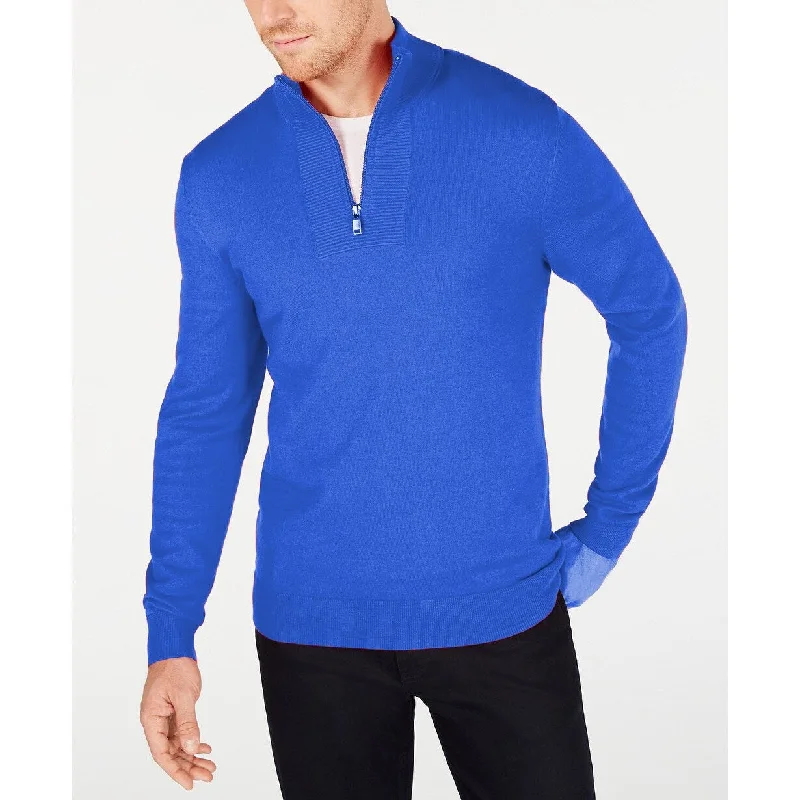 soft cotton sweater for easy comfort-Alfani Men's Quarter-Zip Ribbed Placket Sweater Primary Blue Size Large