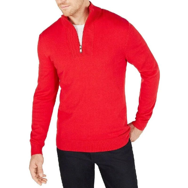 wool turtleneck sweater for winter-Alfani Men's Quarter-Zip Ribbed Placket Sweater Red Size 2XL