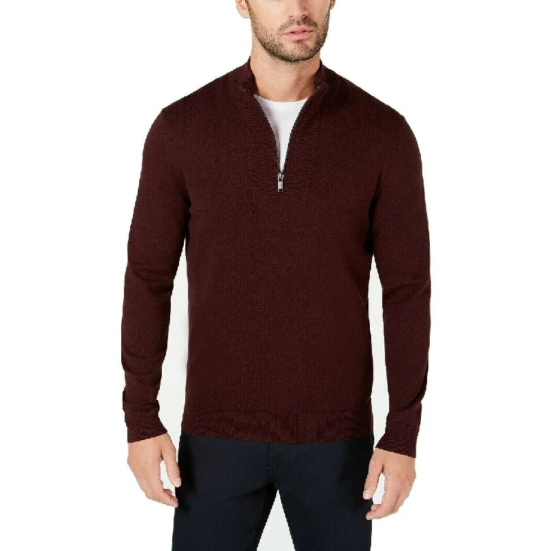 knitted sweater for spring layering-Alfani Men's Quarter-Zip Ribbed Placket Sweater Wine Size Small