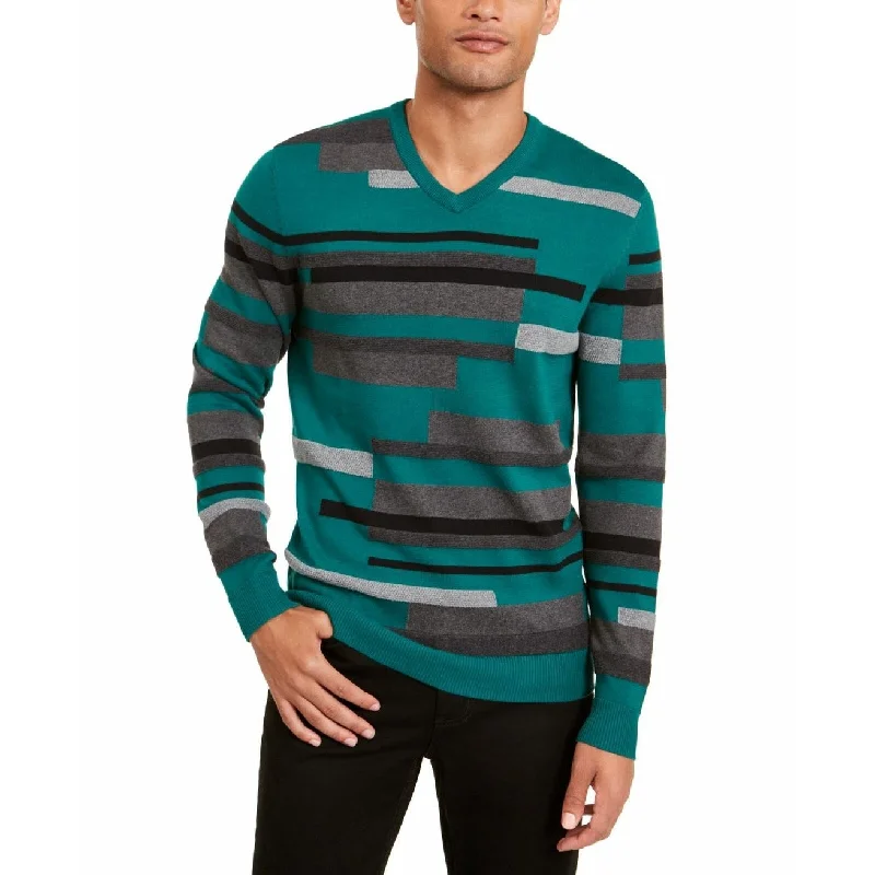 colorful sweater for stylish look-Alfani Men's Textured Striped V-Neck Sweater Green Size XX-Large