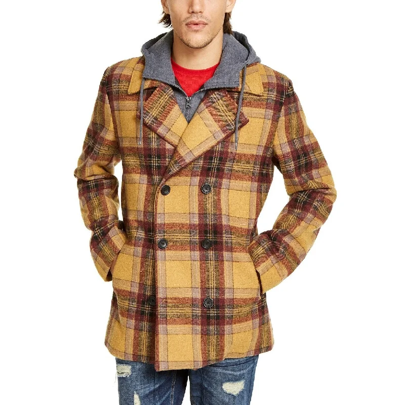 sweater for men with detailed stitching-American Rag Men's Sheridan Double-Breasted Plaid Peacoat With Removable Hooded Bib Brown Size Medium