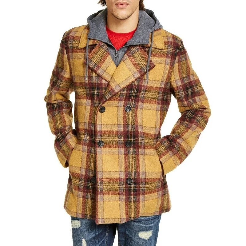 colorful sweater for stylish look-American Rag Men's Sheridan Double-Breasted Plaid Peacoat With Removable Hooded Bib Brown Size Small