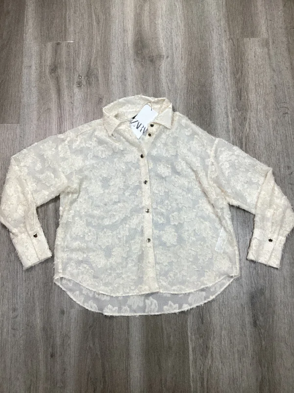 trendy short sleeve printed t-shirt -Blouse Long Sleeve By Zara In Cream, Size: M