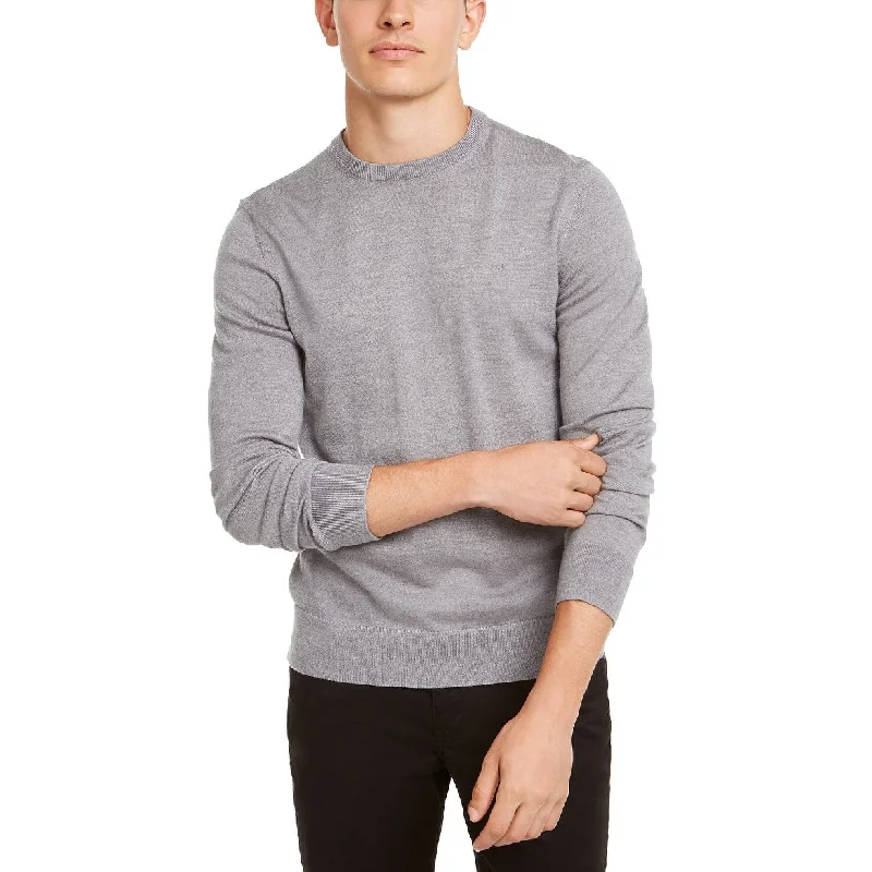 stylish knit sweater with ribbed hem-Calvin Klein Men's Solid Crew-Neck Sweater Gray Size Small