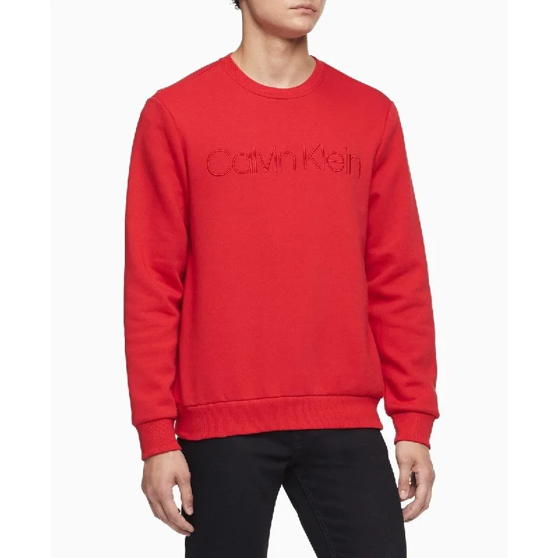 stylish chunky knit sweater for winter-Calvin Klein Men's Tonal Embroidered Logo Fleece Sweatshirt Red Size Large