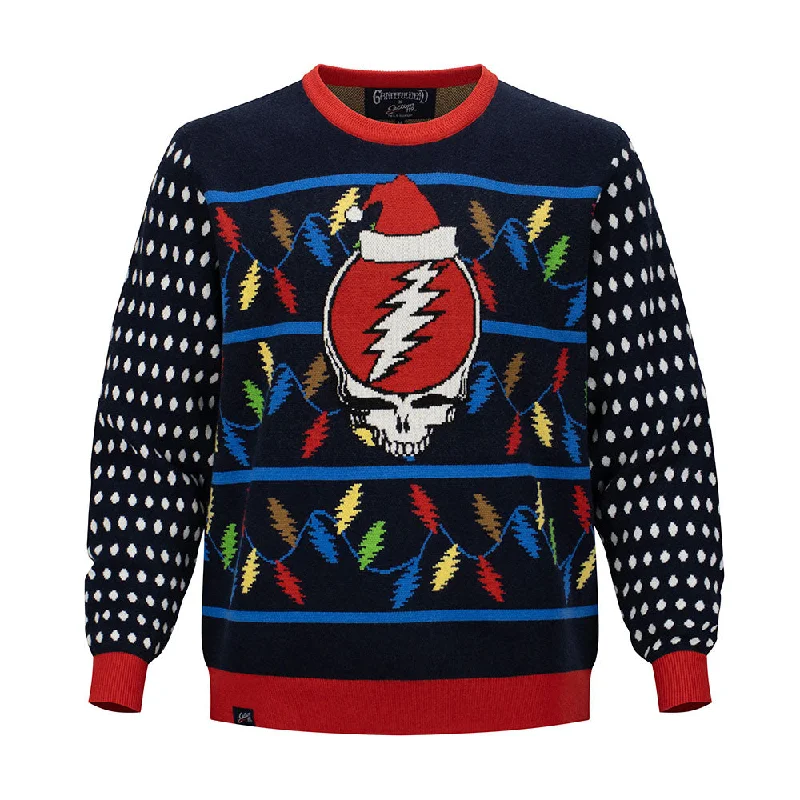 classic men's sweater for casual outfits-Grateful Dead | Crewneck Holiday Fleece Sweater | Colored Bolt and Party Stealie in Navy