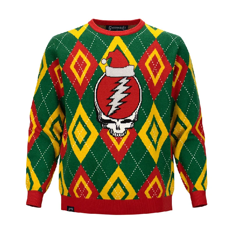 sweater for men with detailed stitching-Grateful Dead | Crewneck Holiday Fleece Sweater| Stealie in Red Diamond Pattern