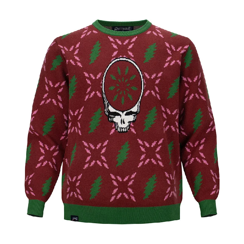 chunky wool sweater for colder days-Grateful Dead | Crewneck Holiday Sweater | Stealie Bolt Burgundy and Green