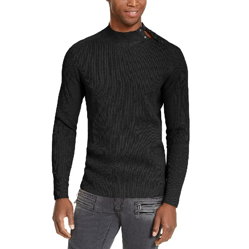 light cashmere sweater for easy layering-INC International Concepts Men's Ribbed Button Neck Sweater Black Size Medium