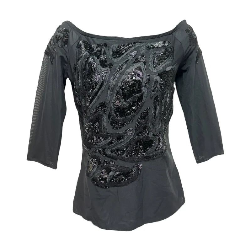 elegant short sleeve blouse -Mesh Beaded Top 3/4 Sleeve Designer By Escada In Black, Size: S