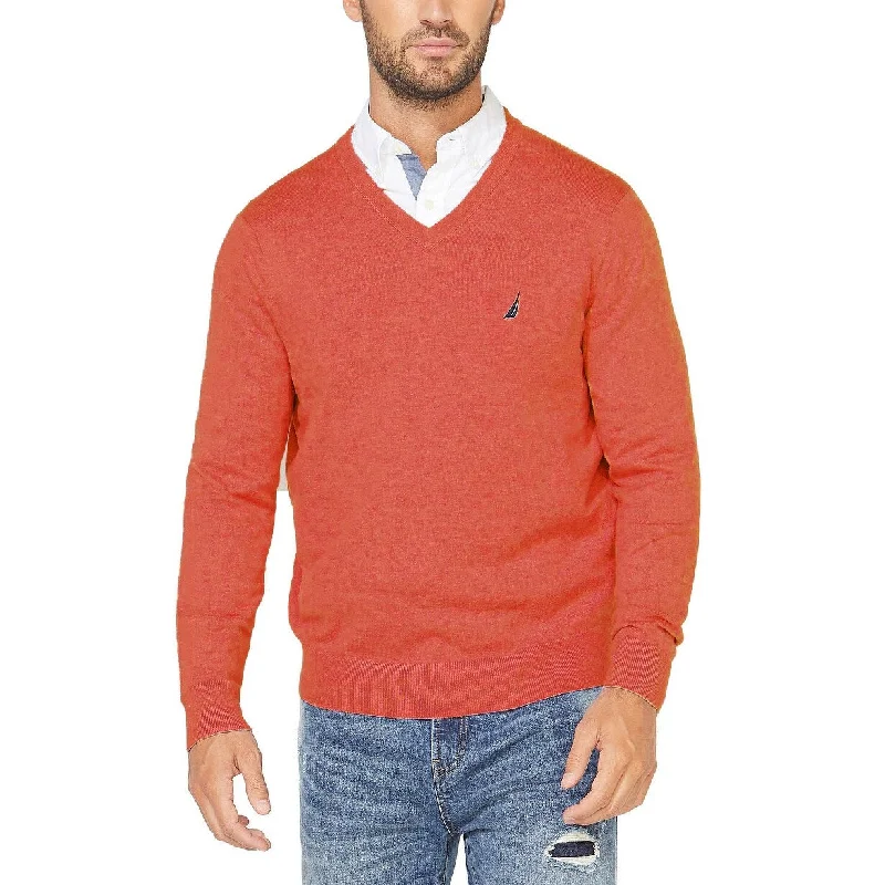 knitted sweater for spring vibes-Nautica Men's Lightweight Jersey V-Neck Sweater Orange Size Extra Large - X-Large