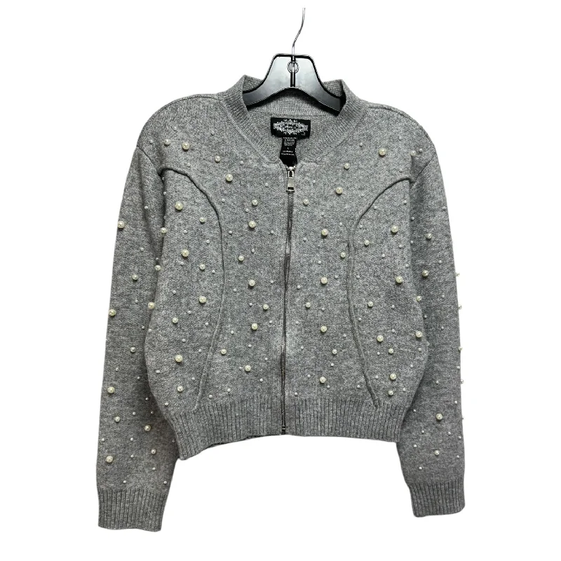 stylish graphic short sleeve t-shirt for men -Pearl Embellished Zip Up Sweater Cardigan By Oliver O In Grey & White, Size: L