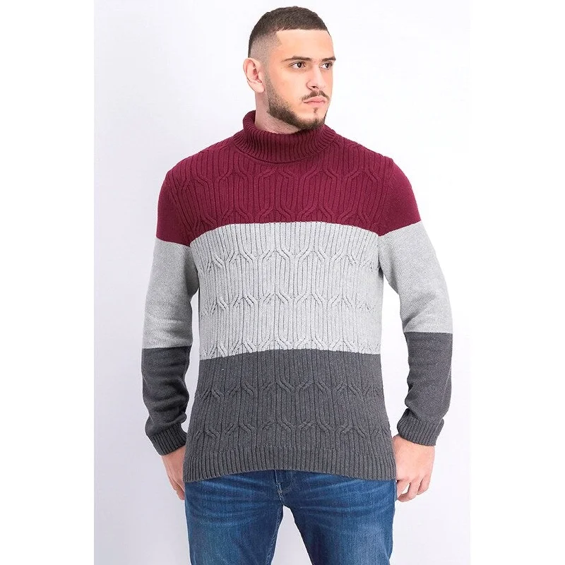 wool turtleneck sweater for winter-Tasso Elba Men's Chunky Cable-Knit Colorblocked Turtleneck Sweater Red Size Large