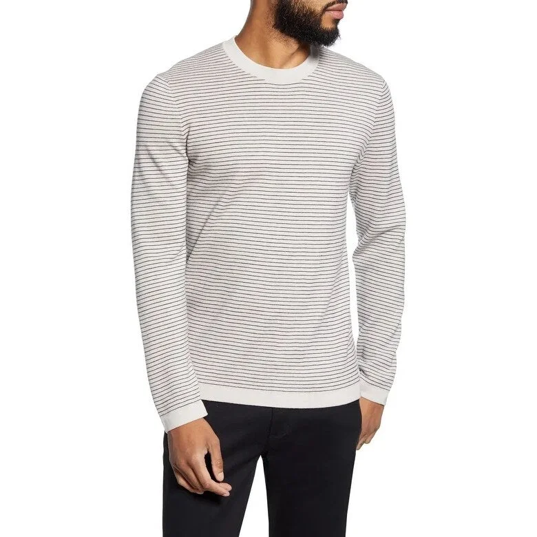 stylish chunky knit sweater for winter-Theory Men's Ollis Stripe Crewneck Wool Sweater White Size X-Large - XL