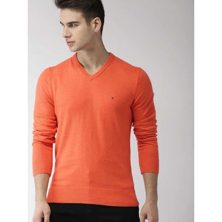 cozy sweater with cowl neck-Tommy Hilfiger Men's Signature Regular-Fit Solid V-Neck Sweater Orange Size Medium