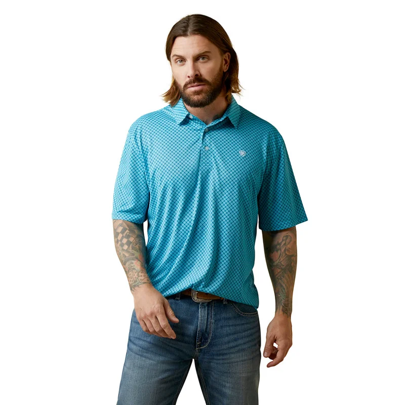 comfortable short sleeve shirt for work -'Ariat' Men's All Over Print Polo - Peacock Blue