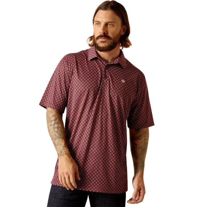 athletic short sleeve t-shirt for outdoor sports -'Ariat' Men's All Over Print Polo - Dark Redwood