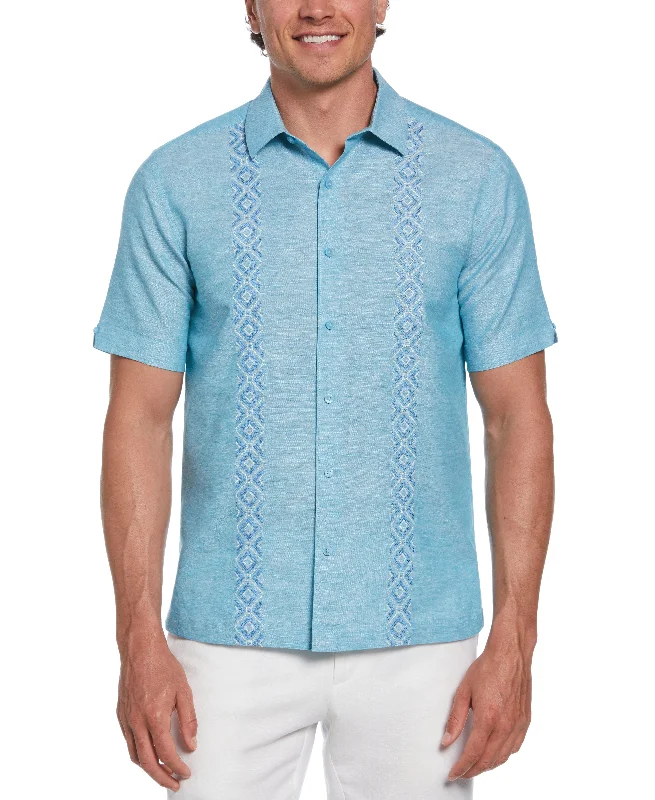 summer casual shirt -Linen Blend Argyle Embroidered Chambray Shirt