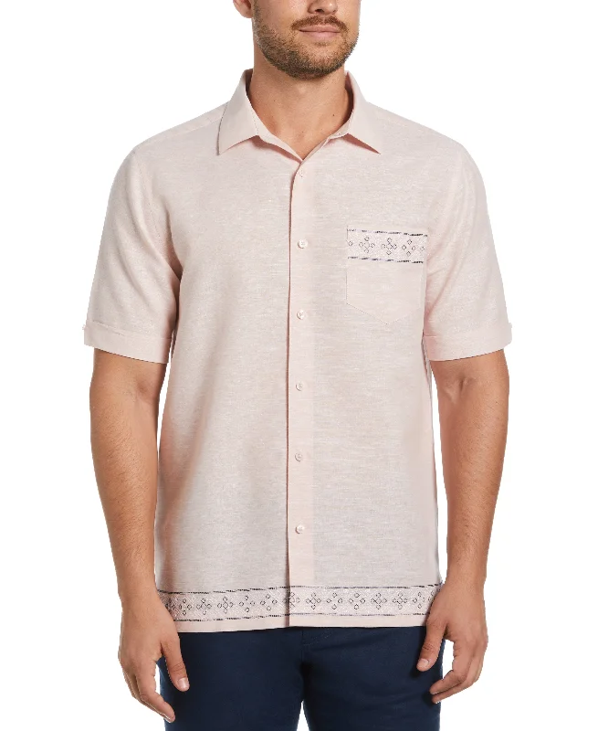 casual shirt for vacation -Linen Blend Embroidered Border Shirt