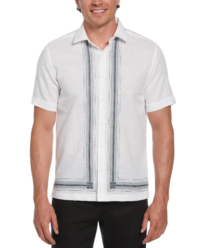 short sleeve checked shirt for men -Linen Blend L-Shaped Deco Pattern Shirt