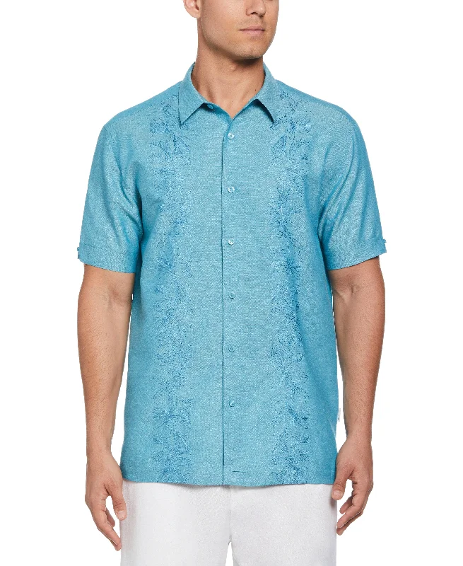 breathable office shirt for men -Linen Blend Tropical Embroidery Panel Shirt