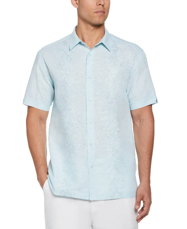 short sleeve checked shirt for men -Linen Blend Tropical Embroidery Panel Shirt