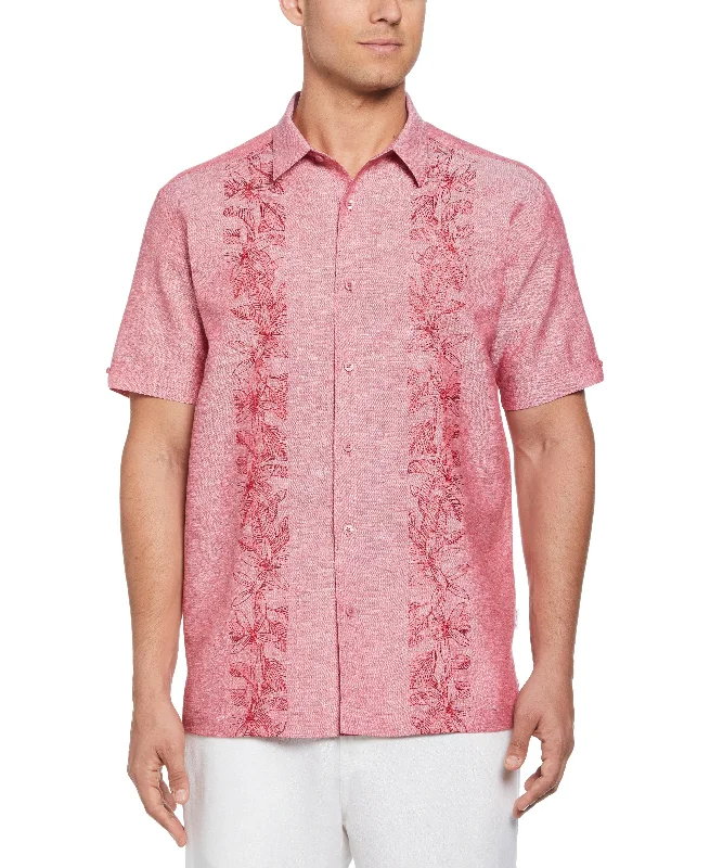 Linen Blend Tropical Embroidery Panel Shirt