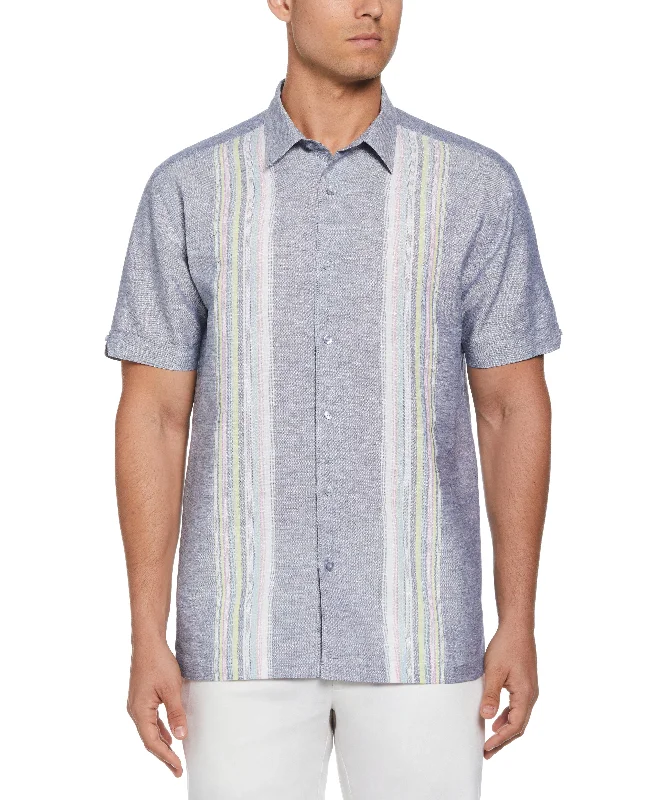 summer casual shirt -Linen Blend Yarn Dye Panel Shirt