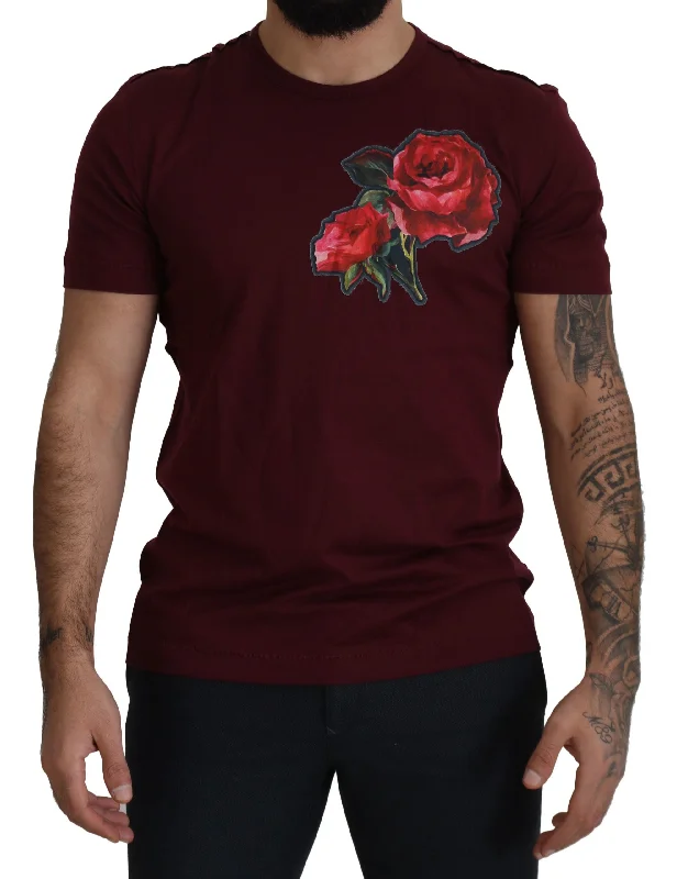 high-quality short sleeve polo shirt -Dolce & Gabbana Elegant  Roses Motif Crewneck Men's Tee