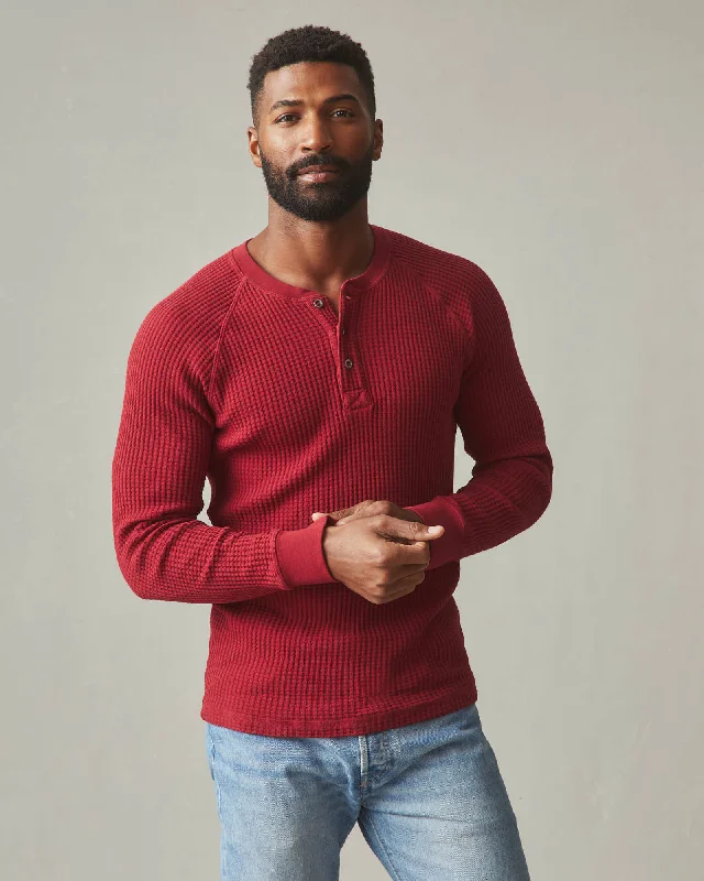 trendy short sleeve button-up shirt -Waffle Henley Long Sleeve - Real Red