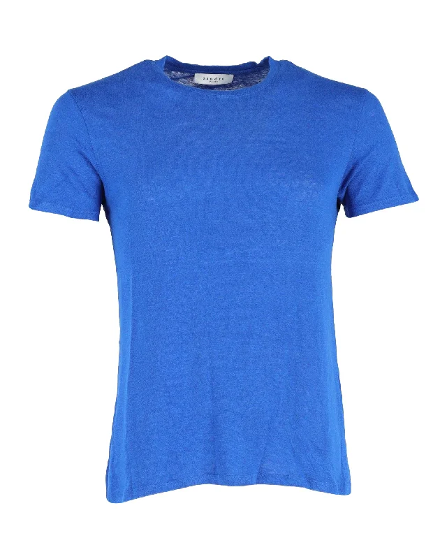 short sleeve t-shirt for travel -Sandro Paris Crewneck T-shirt in Blue Linen