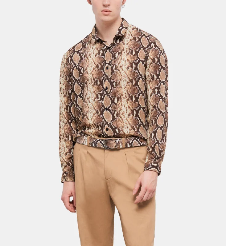 button up shirt with mandarin collar -Snakeskin Print Casual Shirt