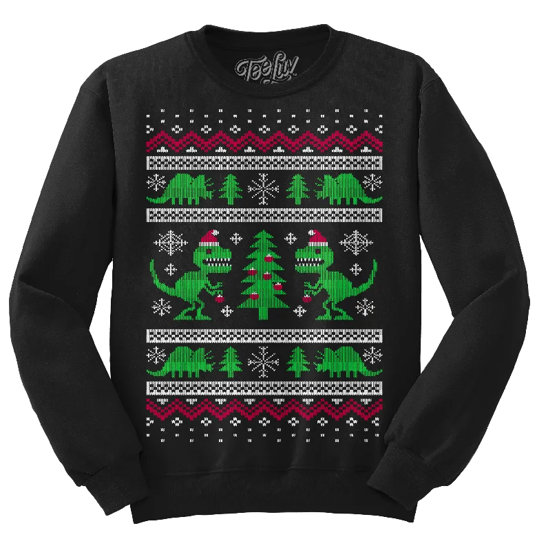 short sleeve t-shirt for everyday wear -"Dino-mas" Dinosaur Christmas Crewneck Sweatshirt - Black