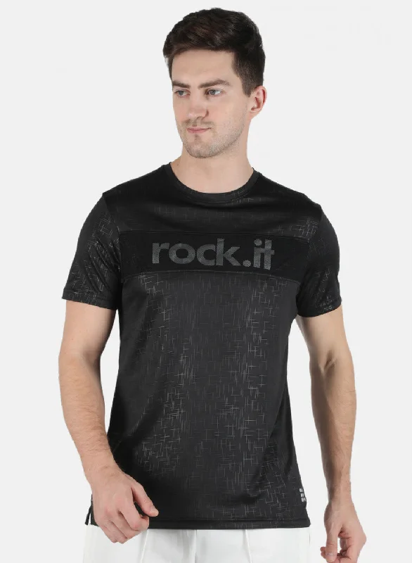 short sleeve long-sleeve hybrid t-shirt -Men Black Printed Round Neck T-Shirt