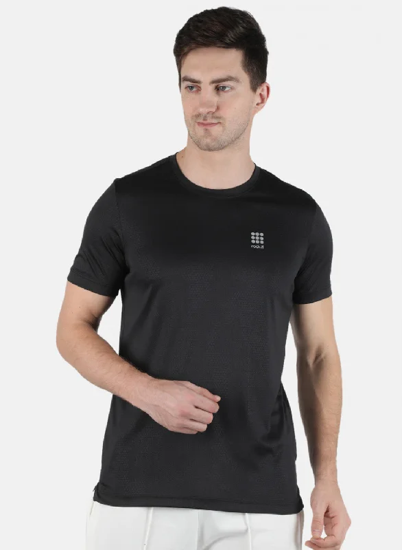 short sleeve crew neck shirt -Men Black Self Design Round Neck T-Shirt