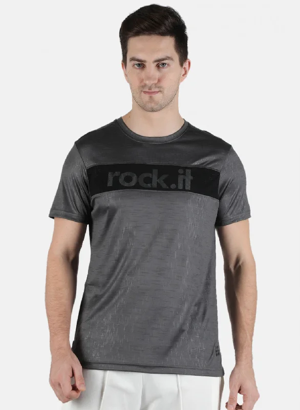 plain short sleeve t-shirt -Men Grey Printed Round Neck T-Shirt