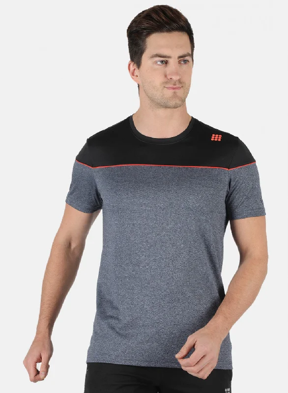 short sleeve t-shirt for travel adventures -Men Grey Self Design Round Neck T-Shirt