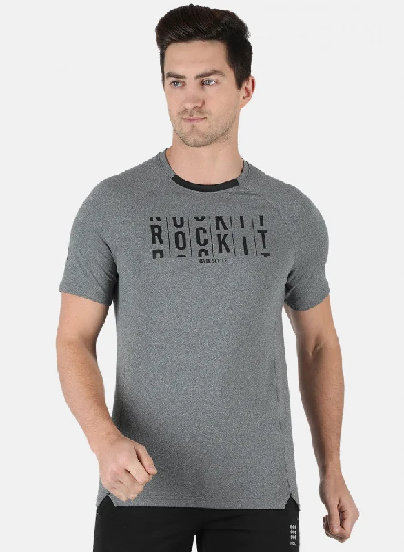 casual short sleeve t-shirt with pocket -Men Grey Self Design Round Neck T-Shirt