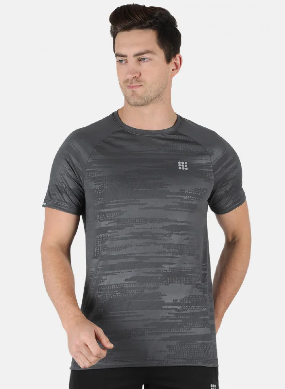 simple and elegant short sleeve t-shirt -Men Grey Self Design Round Neck T-Shirt