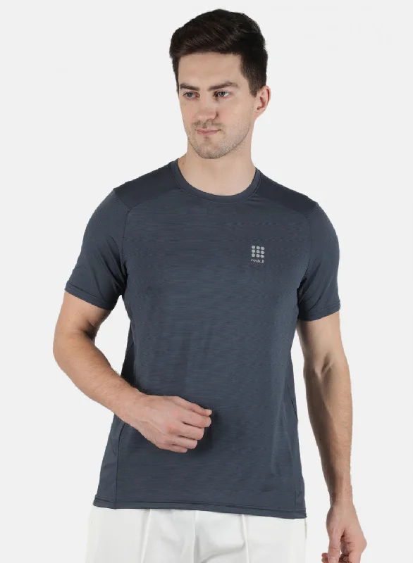 short sleeve workout shirts -Men Grey Self Design Round Neck T-Shirt