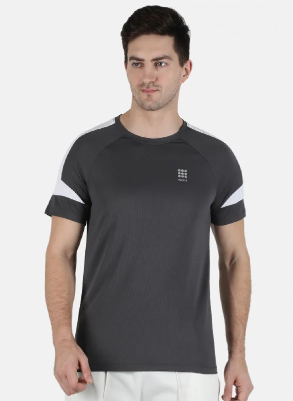 short sleeve t-shirt for hot weather -Men Grey Self Design Round Neck T-Shirt