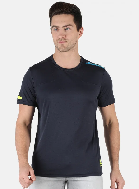 slim fit short sleeve t-shirt -Men NAvy Blue Self Design Round Neck T-Shirt