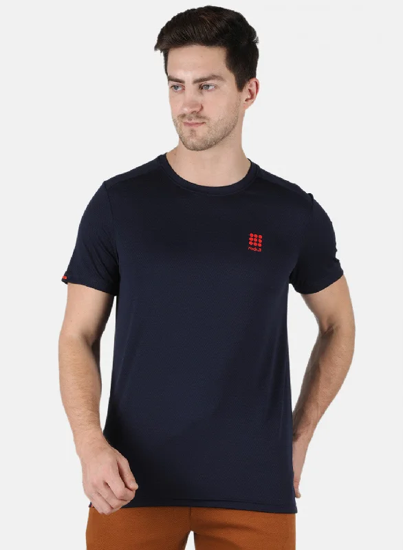 men’s short sleeve casual button-up -Men NAvy Blue Self Design Round Neck T-Shirt