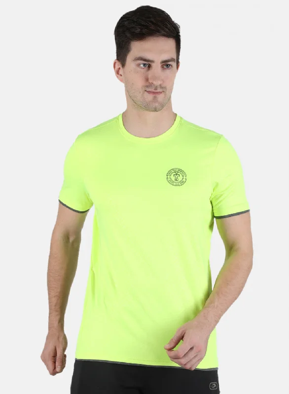 cotton short sleeve t-shirt -Men Neon Green Self Design Round Neck T-Shirt