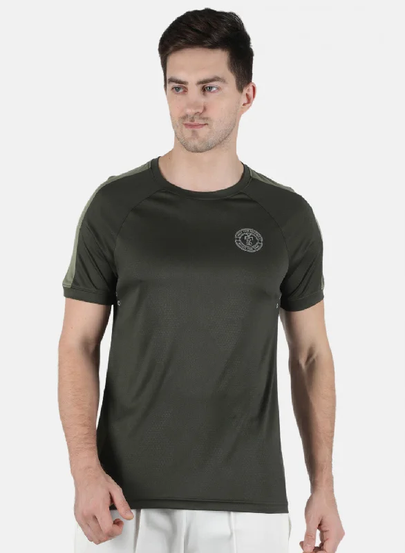 sporty short sleeve polo shirt -Men Olive Plain Round Neck T-Shirt