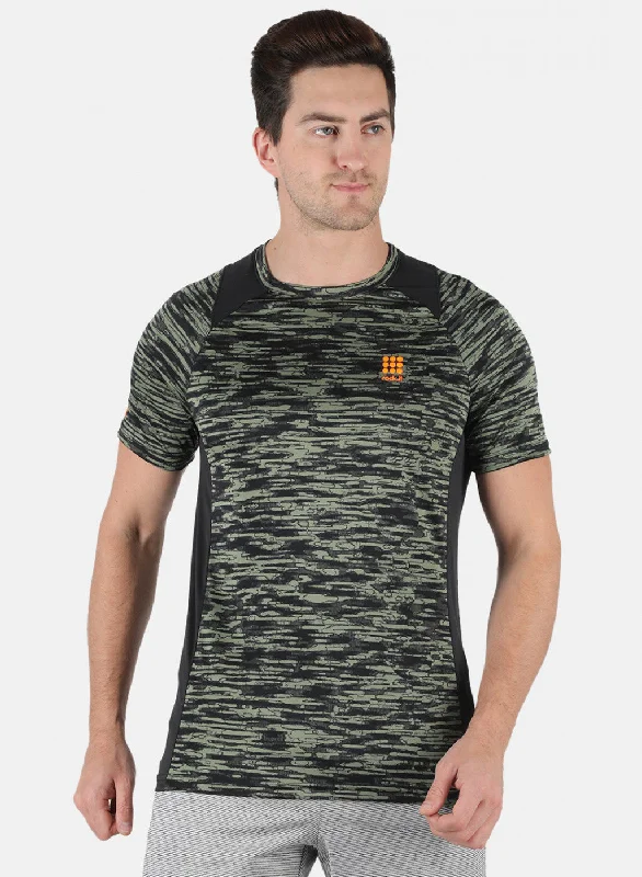 short sleeve shirt for casual wear -Men Olive Self Design Round Neck T-Shirt